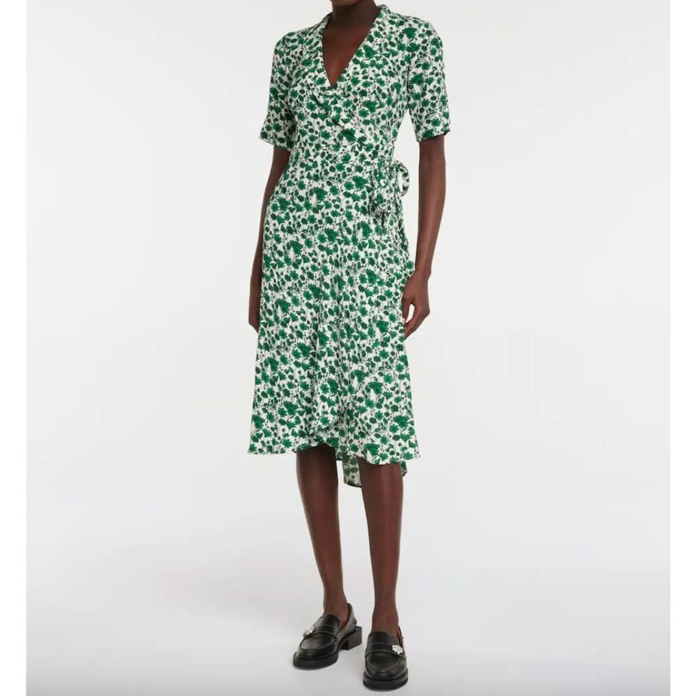 Ganni Green White Floral Wrap Dress Size 2 Hi-Lo Hem Romantic Boho Cottagecore - Picture 9 of 12